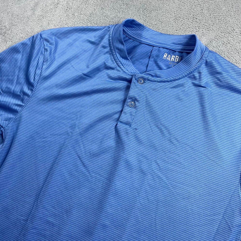 Barbell Apparel Mens Large Blue Striped Mandarin Collar Athletic Polo Shirt